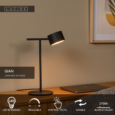 Lucide GIAN - Lámpara de mesa - LED Regul. - 1x9W 2700K - Negro